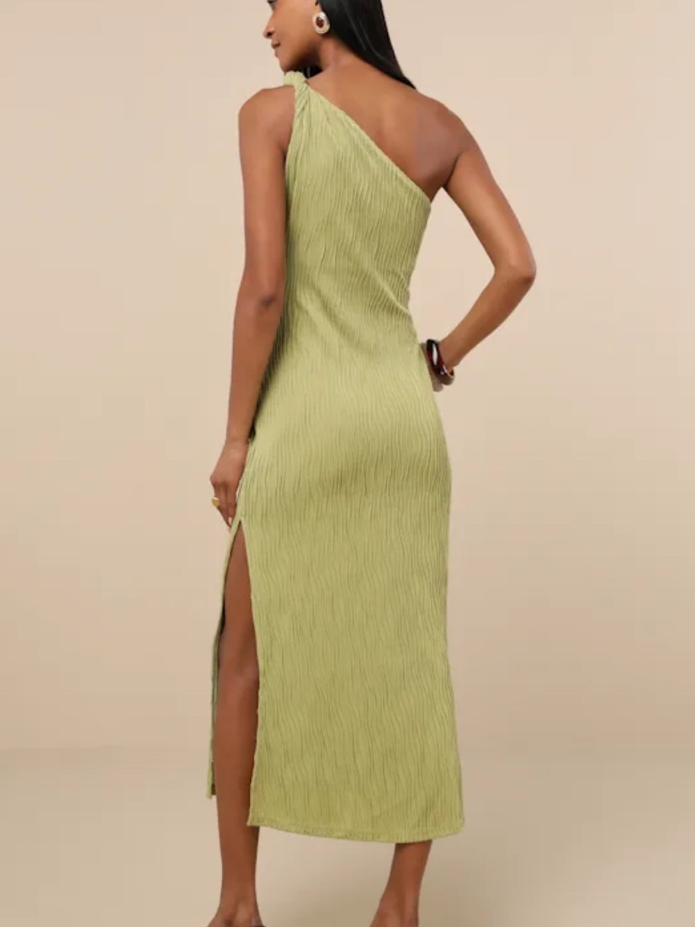 Lulu’s Aristea Light Green Textured One-Shoulder Midi Dress - Picture 2 of 8